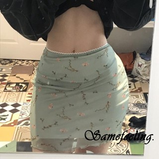 Sf Chân Váy Chữ a Hai Lớp Lưng Cao Phối Lưới In Họa Tiết Hoa Màu Xanh Lá Nhạt Thời Trang Cho Nữ y2k