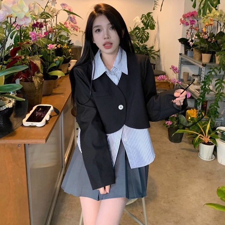 Áo khoác cardigan giả hai lớp tay dài dáng rộng thời trang mùa thu nữ, áo vest nữ Hàn Quốc công sở | BigBuy360 - bigbuy360.vn