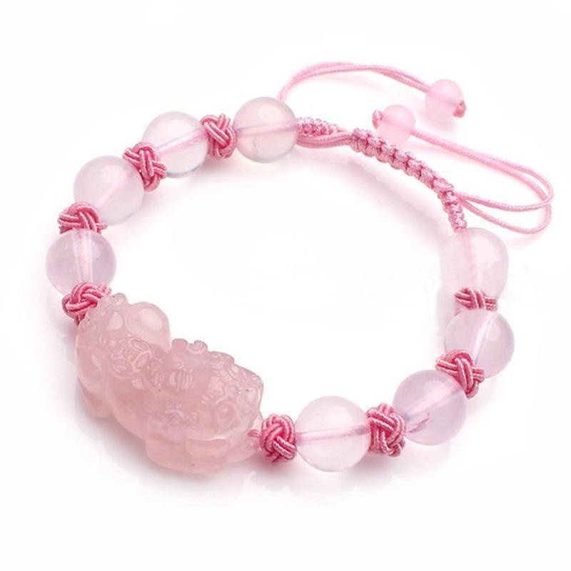 Vòng Tay Dây Bện Mặt Đồng Xu Nhỏ Màu Hồng Hạt pixiu Tự Nhiên Thắt Nút pixiu Chính Hãng Cho Nữ