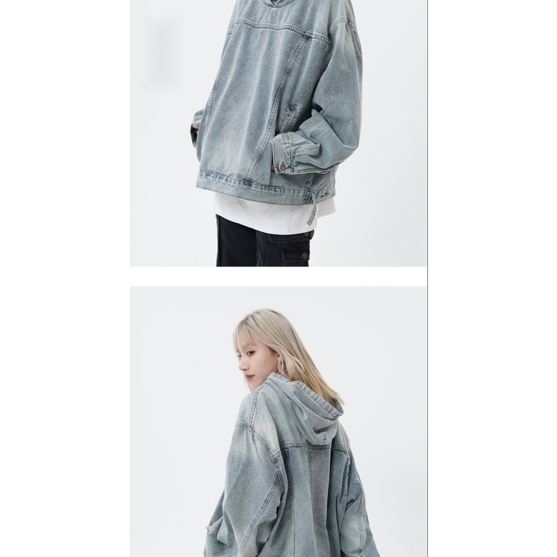 Áo Khoác denim Có Mũ Trùm Dài Tay Dáng Rộng Màu Sắc Đơn Giản Phong Cách Hồng Kông unisex zyq150