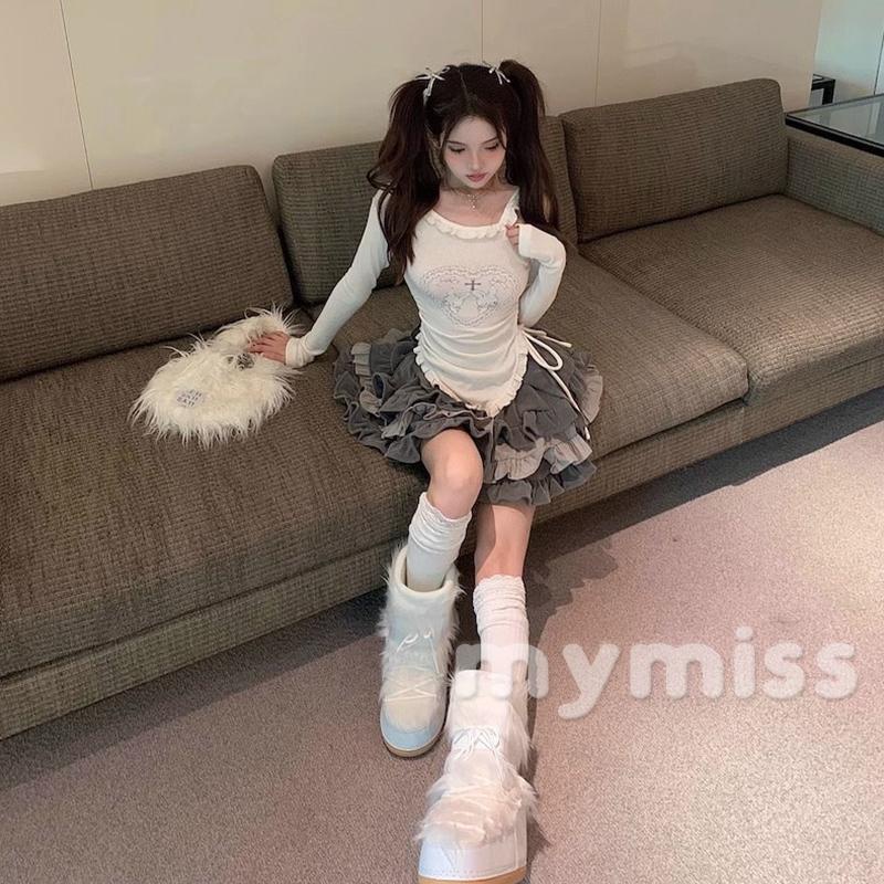 Mymiss1-áo Thun Lạnh Tay Dài Dáng Ôm Hở Vai In Họa Tiết Chữ Thập Và Trái Tim Mùa Xuân Thu Cho Nữ