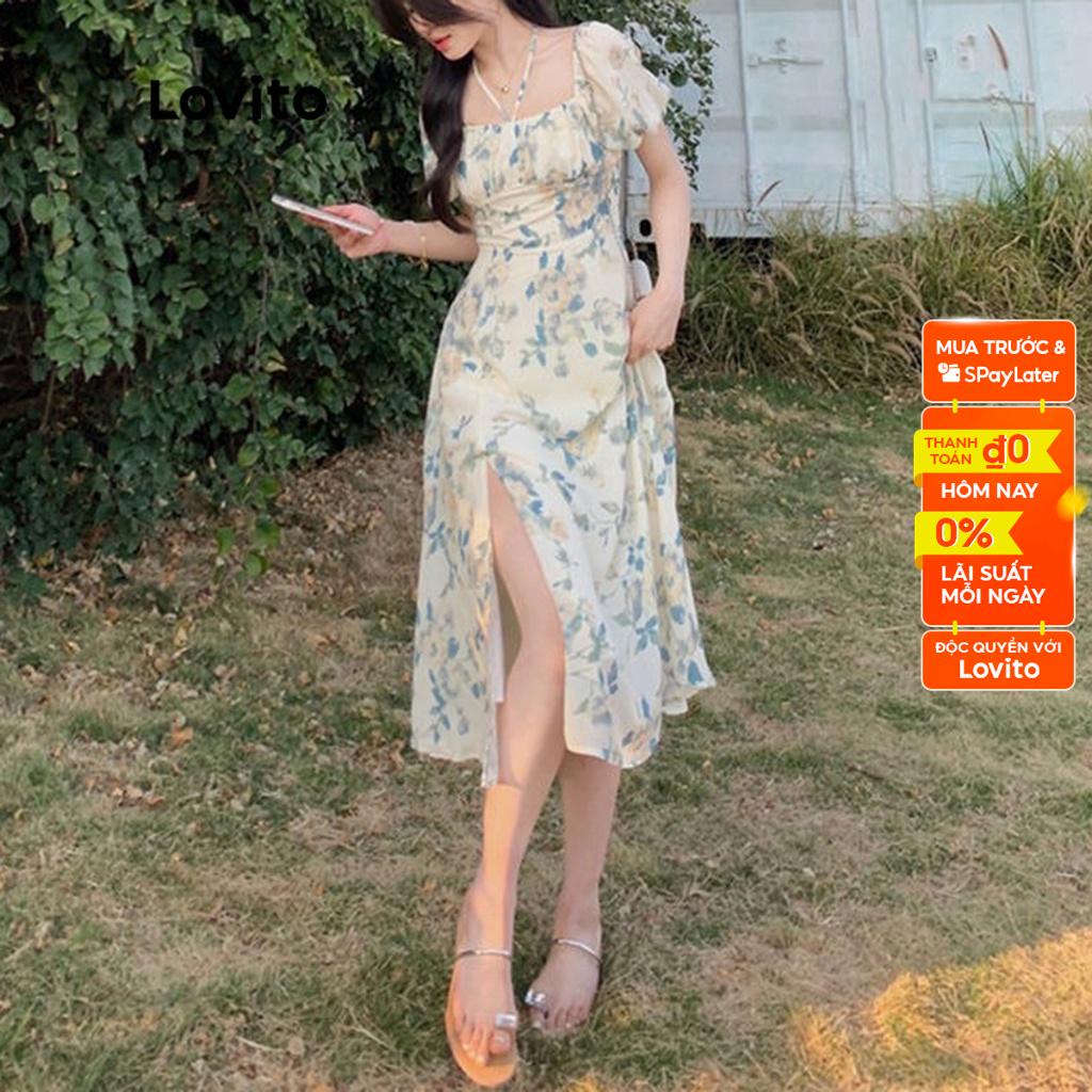 Đầm midi Lovito dáng chữ A tay phồng xẻ tà trước cổ vuông họa tiết hoa cơ bản cho nữ LNE02193 (màu trắng)