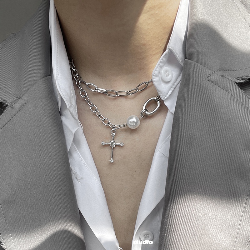Vòng cổ Chuỗi Hạt Ngọc Trai Mặt Thánh Giá Phong Cách hip hop Cho Nam