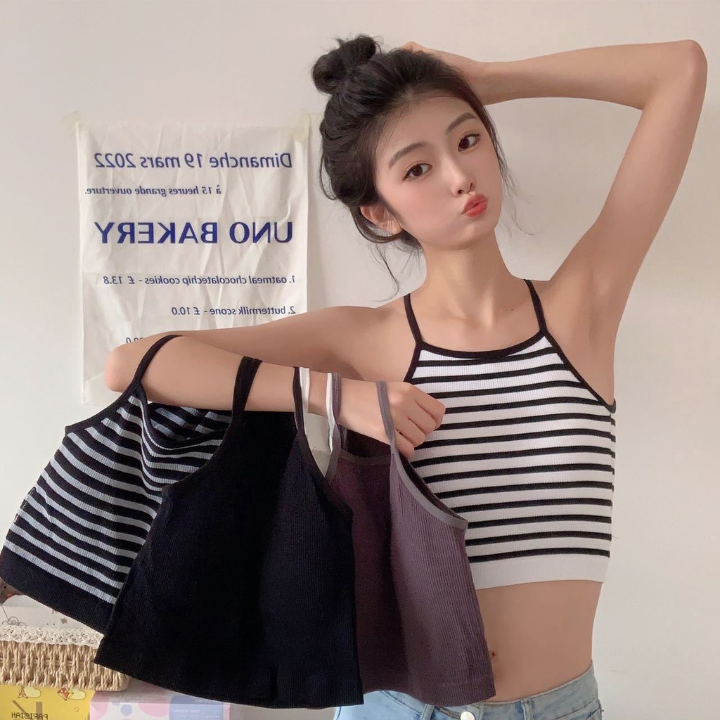 Áo Croptop Sát Nách Kẻ Sọc Ngang Màu Trơn Có Đệm Ngực Thời Trang Phong Cách Hàn Quốc Cho Nữ