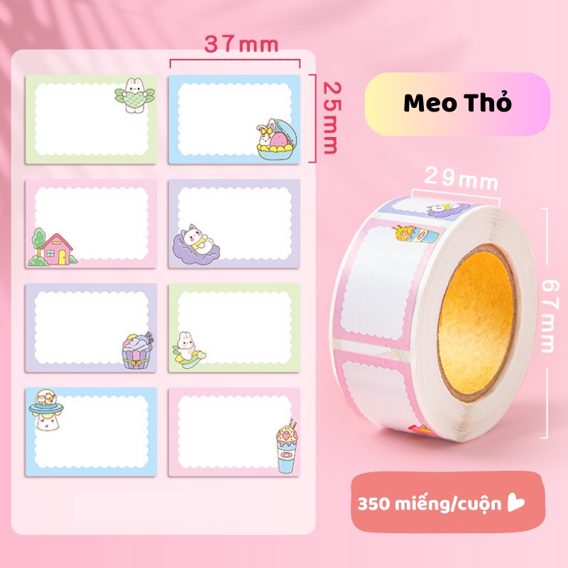 Cuộn sticker 350 nhãn dãn ghi tiêu đề, nhãn vở, tem dán chai lọ nhiều mẫu họa tiết hoạt hình dễ thương - Mã C