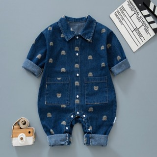 Xuân Thu Mới Cho Bé Trai Và Bé Gái Denim Dài Tay Body 0-36 Tháng Tuổi Bé Siêu Đẹp Trai In Hình Gấu Nhỏ Áo liền quần Áo Khoác Ngoài Phong Cách Hàn Quốc