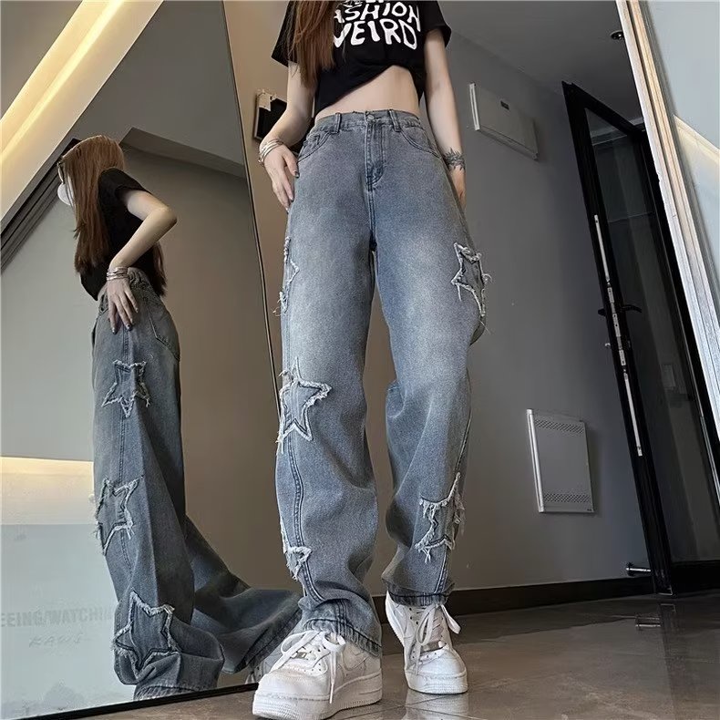 Daduhey Quần Jean Dài Ống Rộng Dáng Suông Thêu Ngôi Sao Màu Xanh Dương Cho Nữ