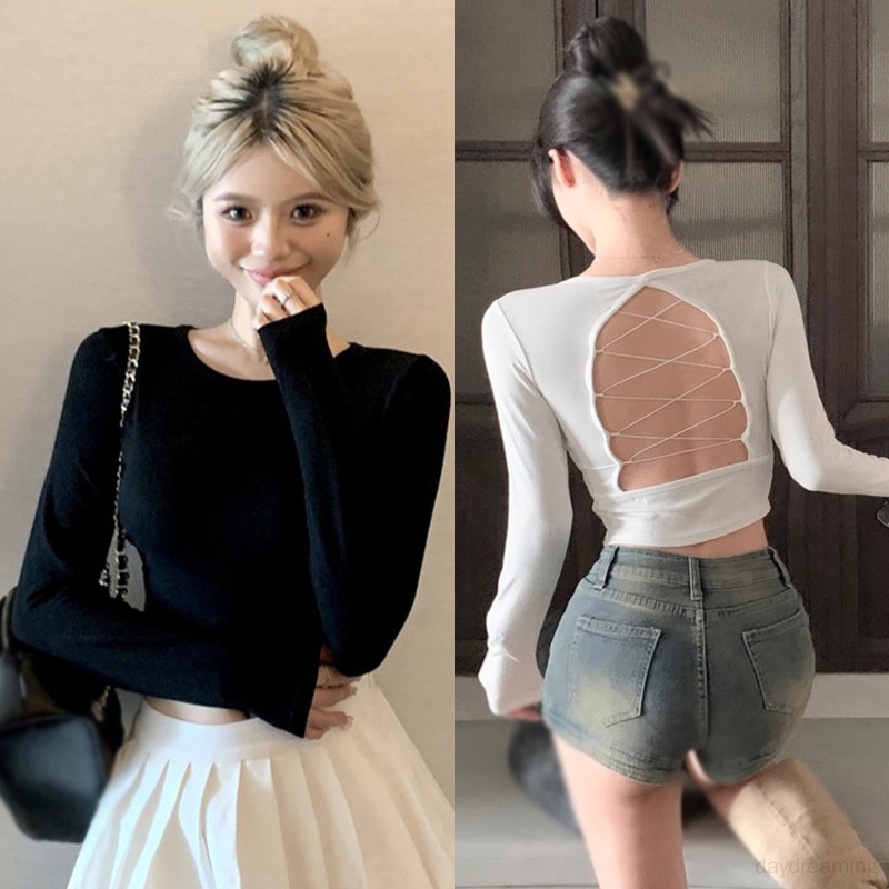 Áo Thun croptop Tay Dài Hở Lưng Màu Sắc Đơn Giản Phong Cách Hàn Quốc Quyến Rũ Cho Nữ