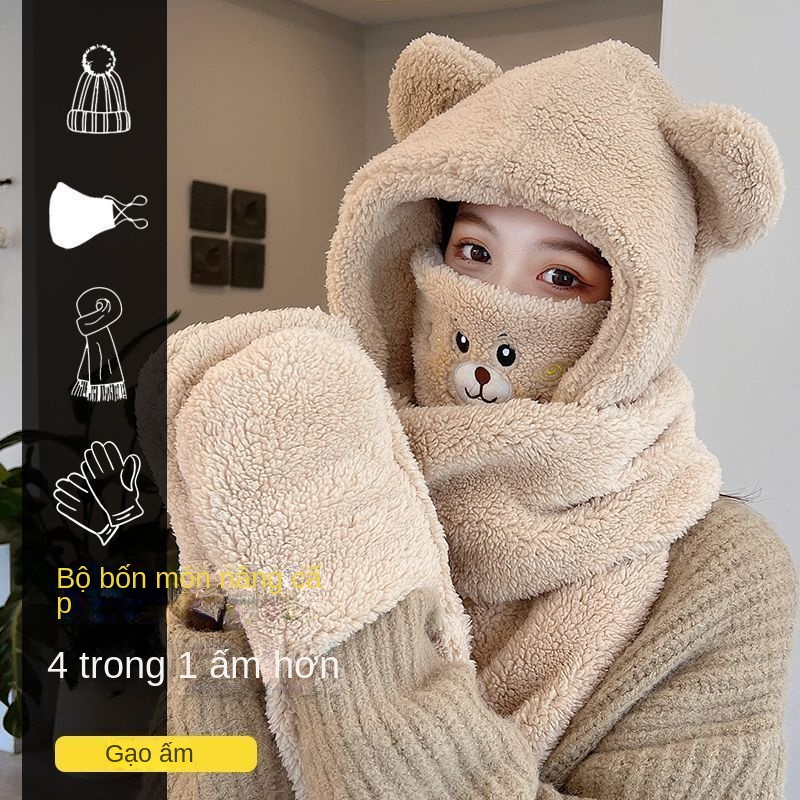 Mũ Trùm Đầu Kèm Khẩu Trang Chống Gió Giữ Ấm Tai Hình Gấu Dễ Thương