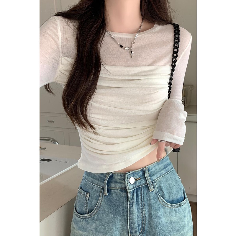Áo Thun Tay Dài Phối Lưới Dáng Ôm Thời Trang Cho Nữ 0702