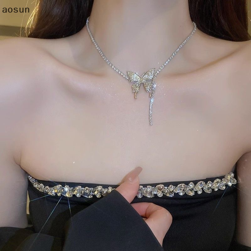 Vòng Cổ choker Màu Bạc Mặt Hình Bướm Đính Đá Pha Lê Lấp Lánh Thời Trang Cho Nữ