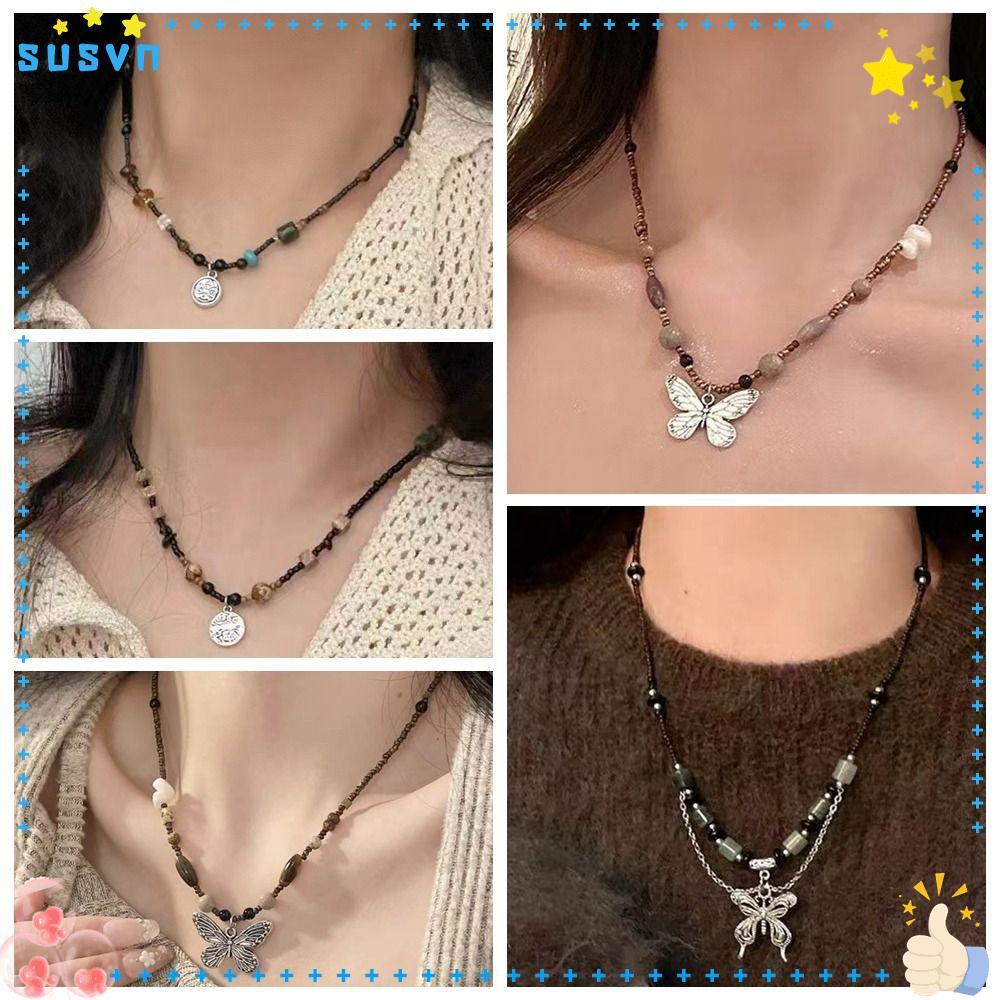 Vòng Cổ Choker Dây Đen Mặt Hình Bướm Bằng Gỗ Kim Loại Pha Lê Phong Cách Punk / Collier / Hippie / Unisex