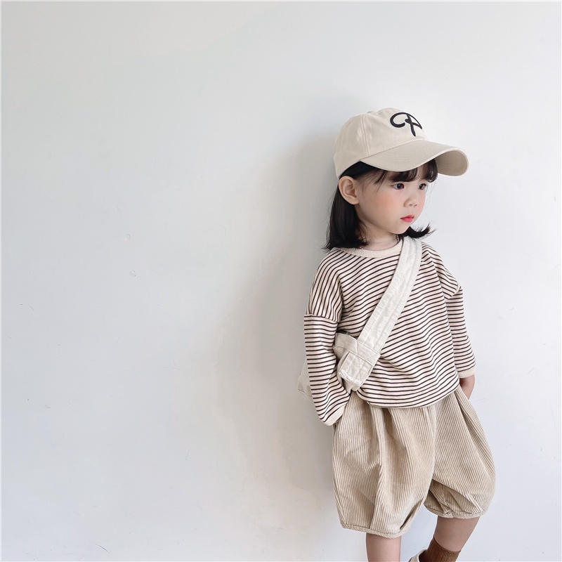 SUPER KIDS Áo Thun Dài Tay Dáng Rộng Họa Tiết Kẻ Sọc Phong Cách Hàn Quốc Cho Bé Trai