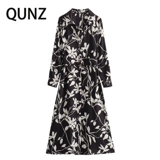 Đầm QUNZ 9858 tay dài màu đen in hoa