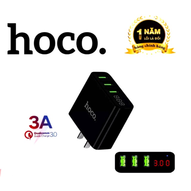 Cốc sạc Hoco C15 3 cổng sạc nhanh 3.0A có đèn Led báo sạc thông minh bảo hành 5 năm.