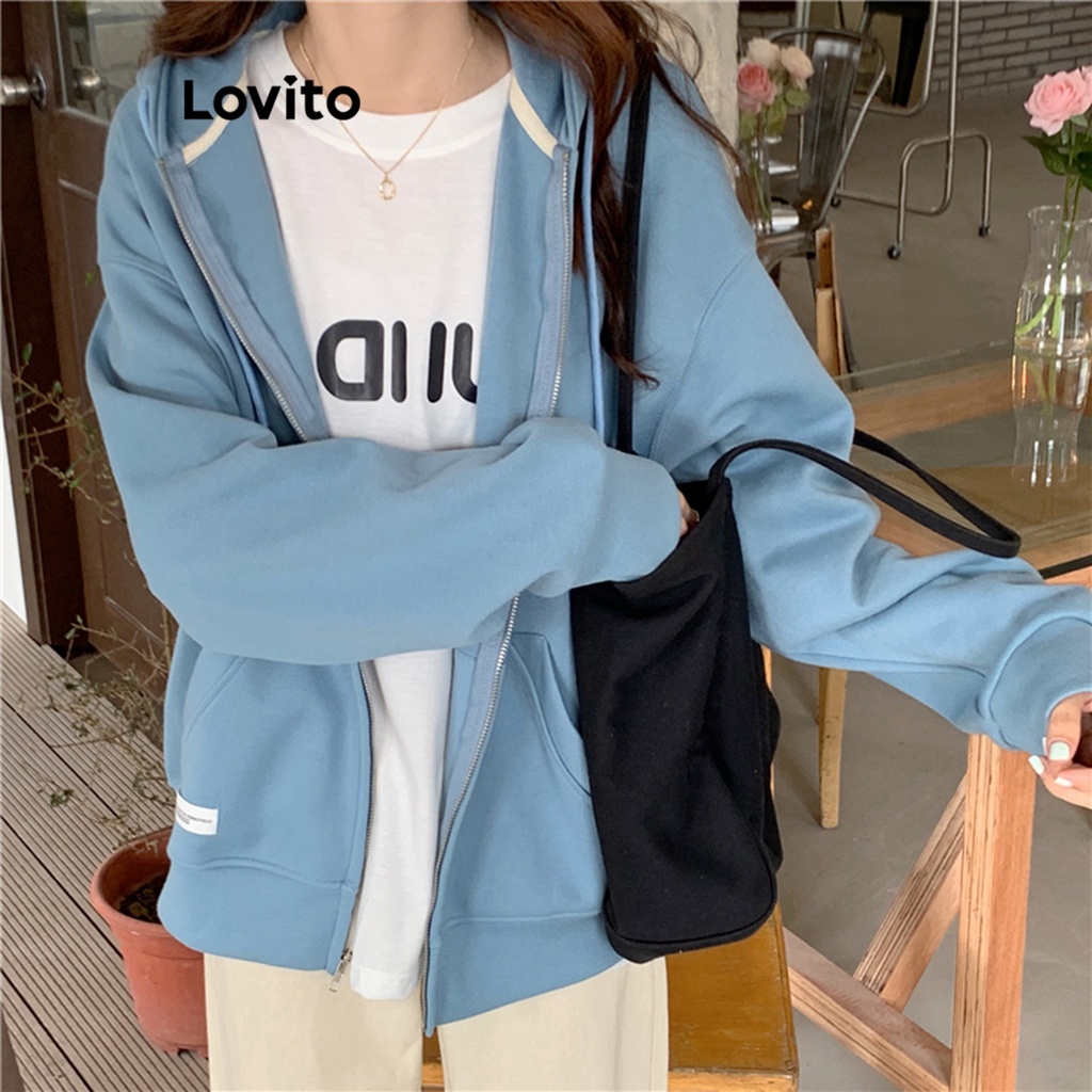 Lovito Áo nỉ có dây kéo trơn thông thường cho nữ LNA35090