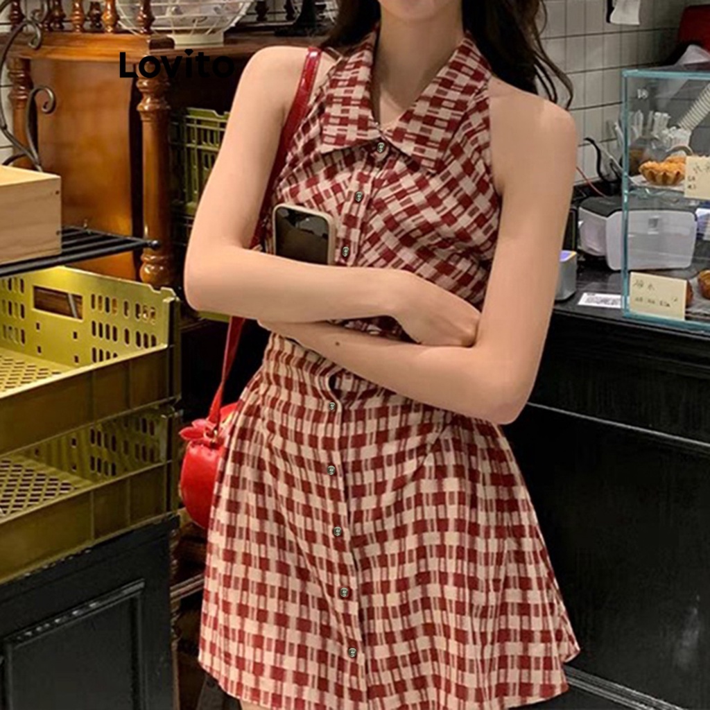 Đầm Lovito cài nút họa tiết kẻ caro thường ngày cho nữ LNA19023