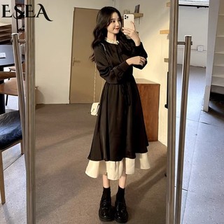 Đầm Đen Dài Tay Ôm Eo Thời Trang Thu Đông Cho Phụ Nữ Trung Niên
