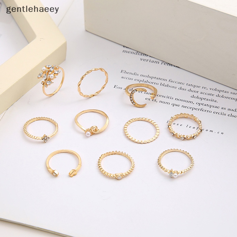 Gent set 10 Nhẫn Đeo Khớp Ngón Tay Màu Vàng Kim Cổ Điển Hình Trăng Sao Ngọc Trai Tình Yêu Thời Trang Đơn Giản Sáng Tạo