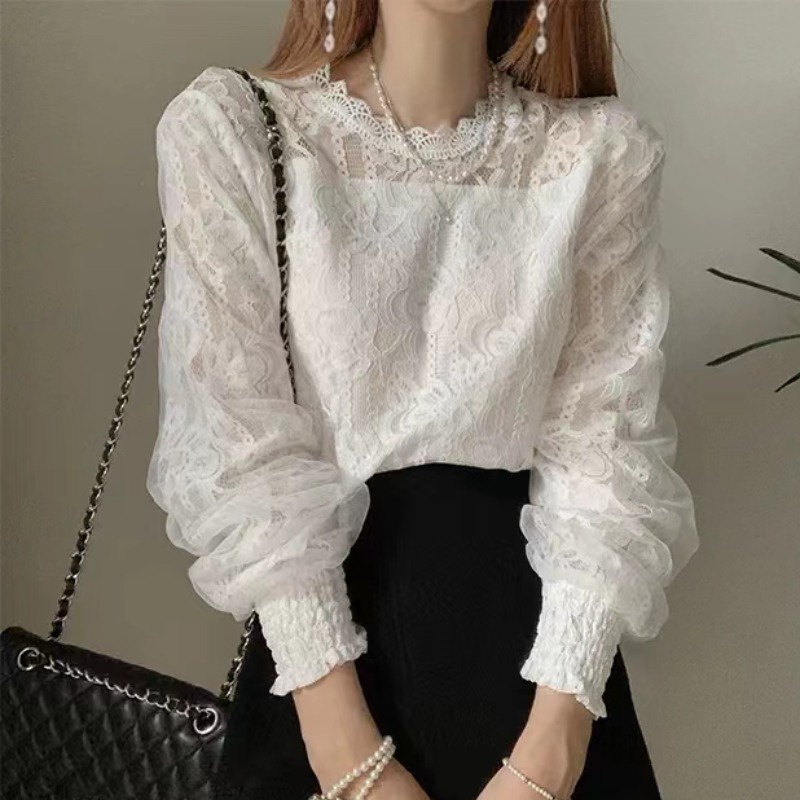 Áo Kiểu Tay Dài Phồng Cổ Tròn Phối Ren Hoa Phong Cách Hàn Quốc Cho Nữ