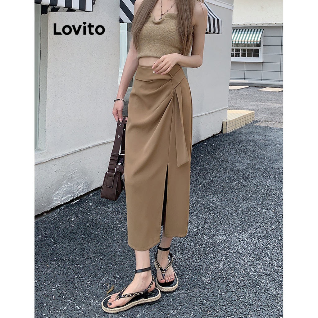 Lovito Váy xẻ tà xếp ly bất đối xứng trơn đơn giản cho nữ LNE29132