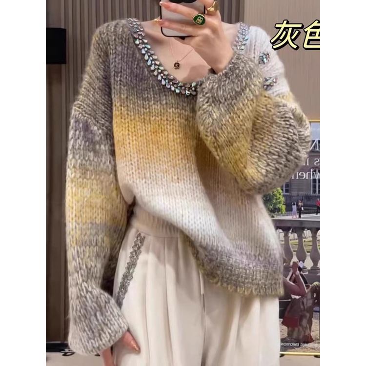 Áo Len Sáp Mềm Chui Đầu Dáng Rộng Đính Hạt Kim Cương Kiểu Công Nghiệp Thời Trang Thu Đông Cho Nữ