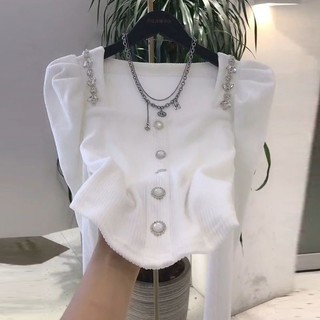 Pháp Công Nghiệp Nặng Móng Tay Kim Cương Cổ Vuông Puff Tay Nữ Thu Đông 2023 Phong Cách Mới