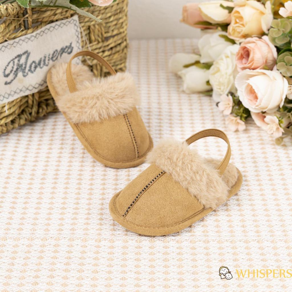 Whispers-giày Tập Đi Đế Bằng Phối Lông Phong Cách Công Chúa Dễ Thương Cho Bé Gái Sơ Sinh