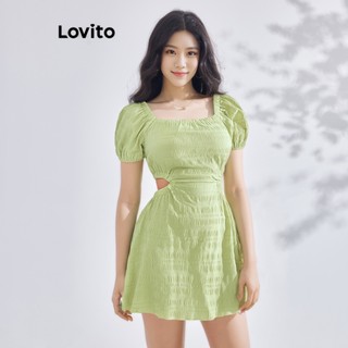 Đầm Lovito tay phồng xếp nếp cắt xẻ màu trơn thường ngày cho nữ LBE03138 (Màu xanh lá)