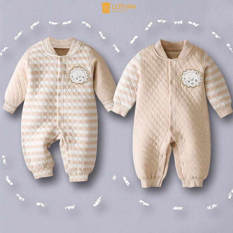 Body Dài Tay Phối Kẻ Trần Bông 3 Lớp Ấm Áp Cho Bé, Bodysuit Cho Bé Trai Bé Gái, Quần Áo Trẻ Em Size 3-12kg