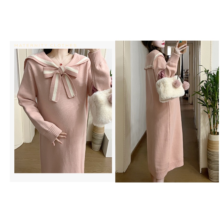 Đầm Dệt Kim Dáng Dài Cổ Thủy Thủ Thời Trang Thu Đông Xinh Xắn Cho Mẹ Bầu