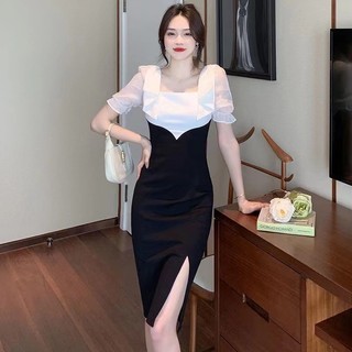 Đầm Dài Tay Ngắn Cổ Vuông Thắt Nơ Phong Cách Hàn Quốc Thời Trang Cho Nữ Size S-2xl