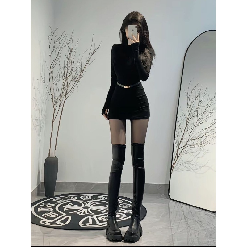 Váy body đen ngắn Đầm Dệt Kim Nữ Dài Tay Cổ Lọ Thời Trang | BigBuy360 - bigbuy360.vn