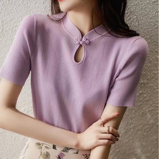Áo Thun Dệt Kim Tay Ngắn Phối Nút Thắt Kiểu Trung Hoa Thời Trang Xuân Hè Cho Nữ