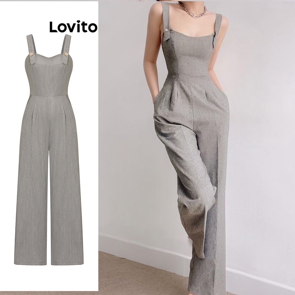 Áo liền quần Lovito đính nút màu trơn thanh lịch cho nữ L74ED213 (Màu xám)
