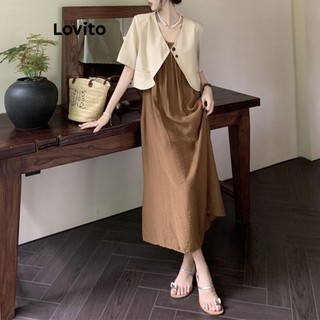 Đầm Lovito xếp nếp màu trơn thường ngày cho nữ LNA21011 (màu kaki)
