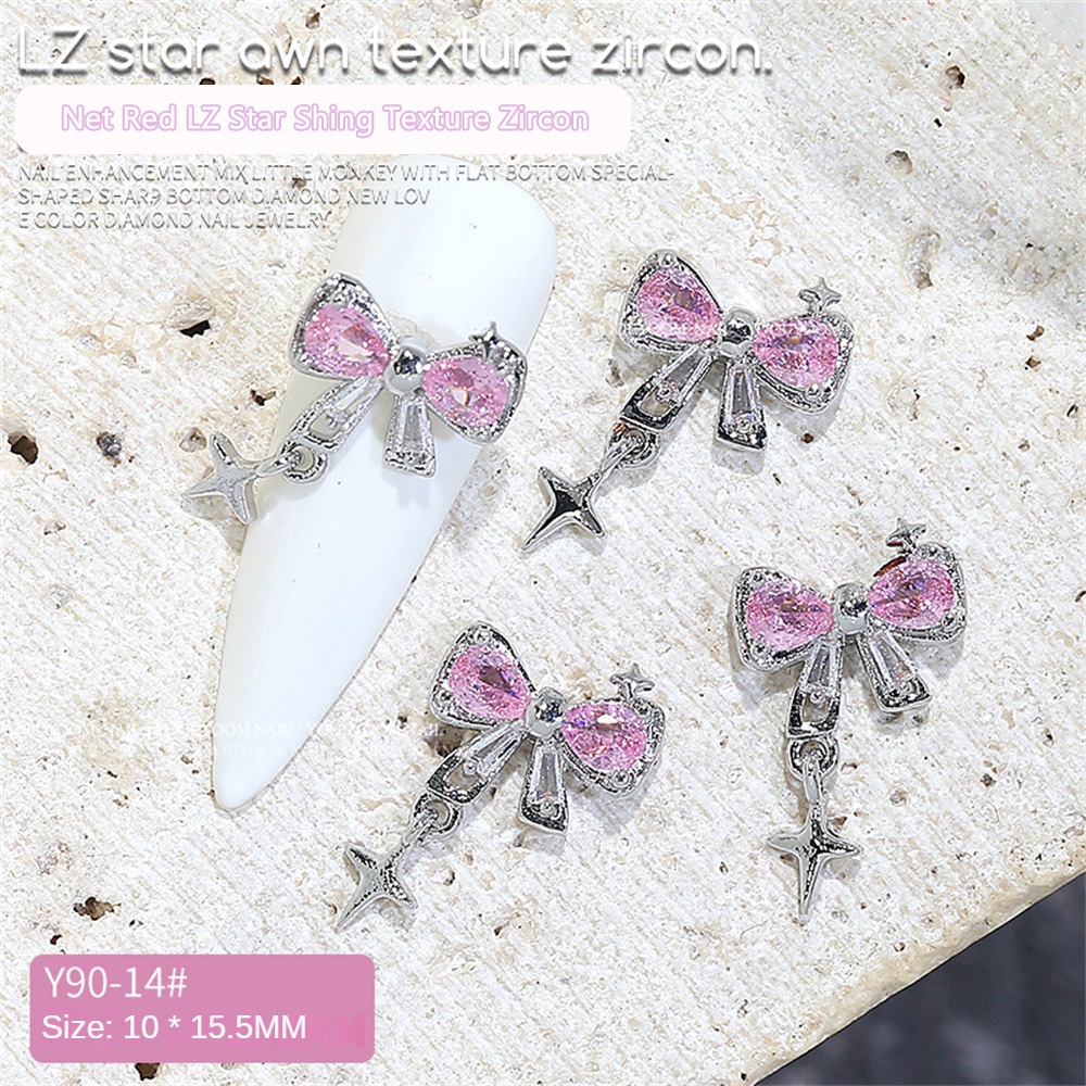 Hợp kim móng tay Phụ kiện kim cương Miếng dán móng tay Dây chuyền   yêu Nơ Kim cương hồng Trang trí móng tay firstonly