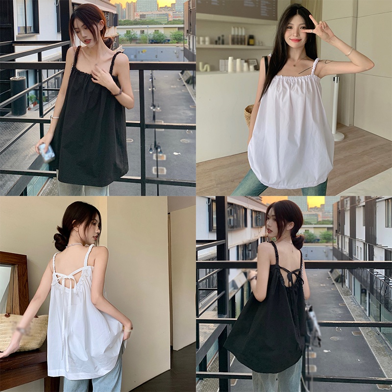 Áo Hai Dây Mùa Hè Màu Trơn Phối Ren Hở Lưng Phong Cách Hàn Quốc Cho Nữ