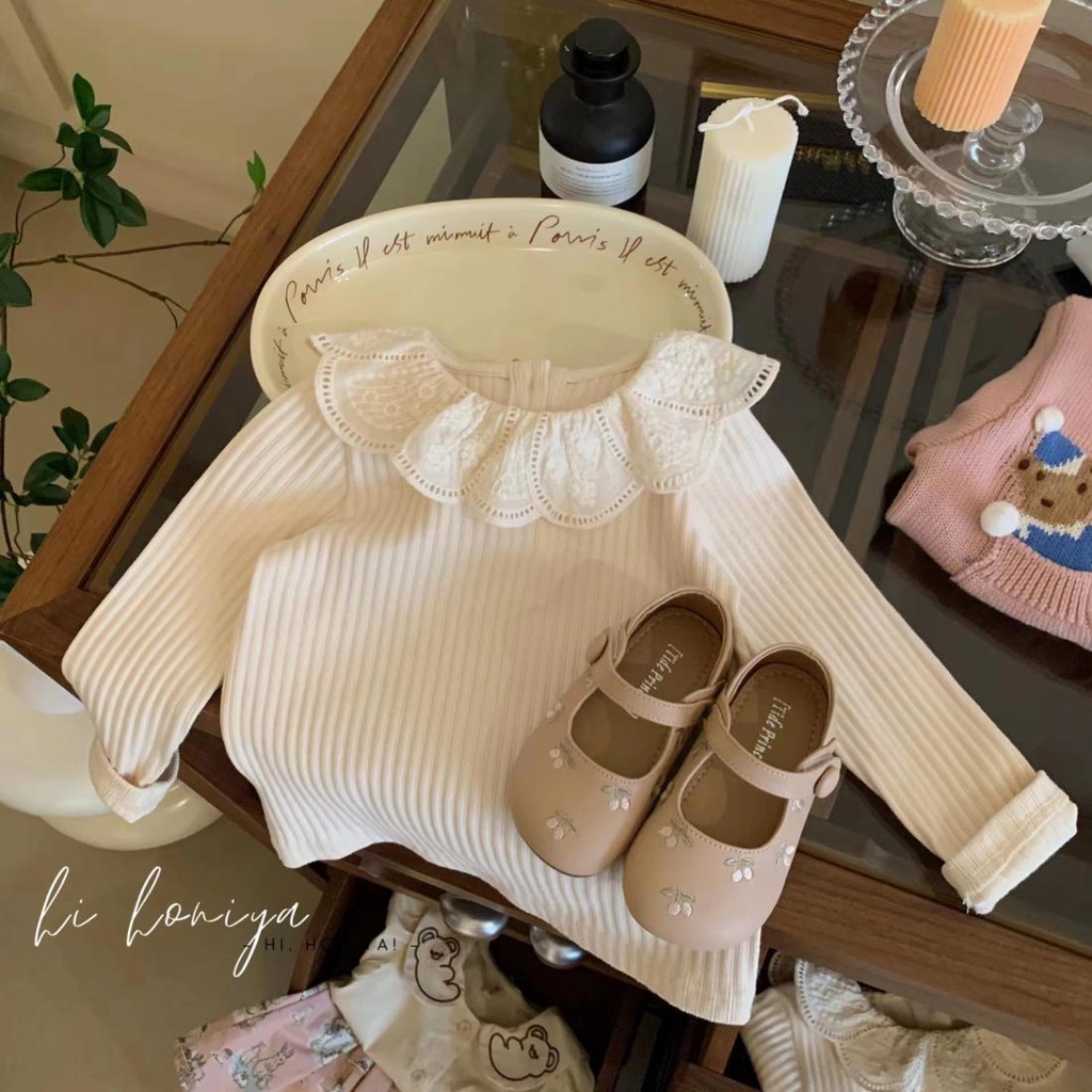 Áo Sơ Mi Dài Tay Màu Trơn Họa Tiết Kẻ Sọc Dọc Phối Ren Phong Cách Hàn Quốc Thời Trang Xuân Thu Mới Cho Bé Gái