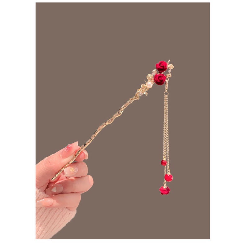 Trâm Cài Tóc Hình Hoa Hồng Phối Tua Rua Phong Cách Cổ Điển Cho Cô Dâu