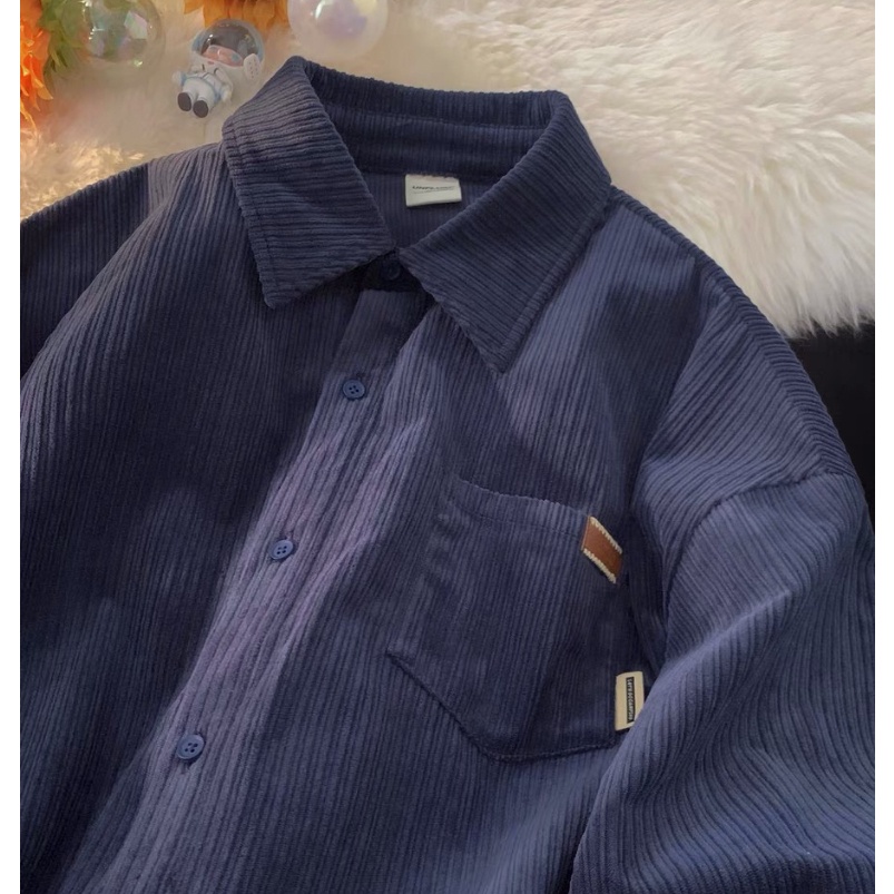 Áo khoác sơ mi nhung tăm logo ở túi áo phong cách vintage phù hợp cho nam và nữ Ea105 Meme