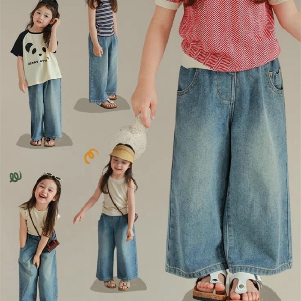 Quần denim Ống Rộng Lưng Thun Dễ Thương Thời Trang Mùa Hè Cho Bé Gái