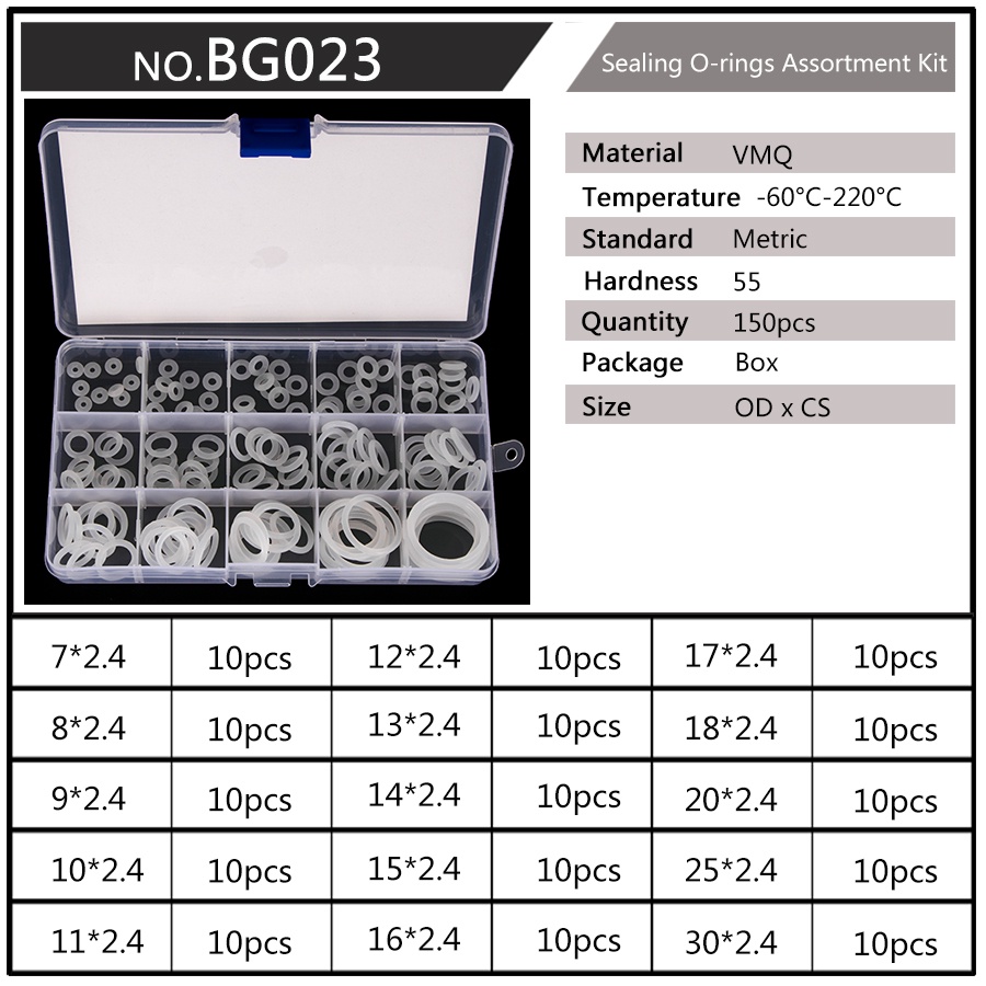 Set 150 Vòng Đệm silicone Chữ o Màu Trắng 6mm-30mm cs 1mm 1.5mm 1.9mm 2.4mm bg020-021 - 022-023