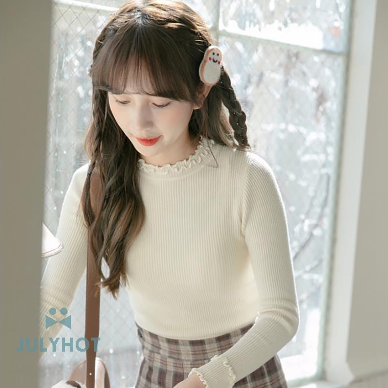 Áo sweater Dệt Kim Cổ Lọ Nhún Bèo Màu Trơn Độ Co Giãn Cao Thời Trang Mùa Đông Quyến Rũ Cho Nữ