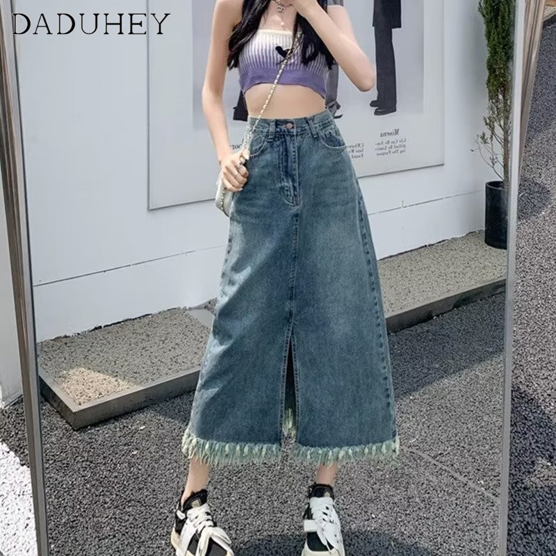 DaDuHey New American Style Ins High Street Raw Edge Denim Skirt Niche High Waist A- line Skirt Large Size Hip Skirt