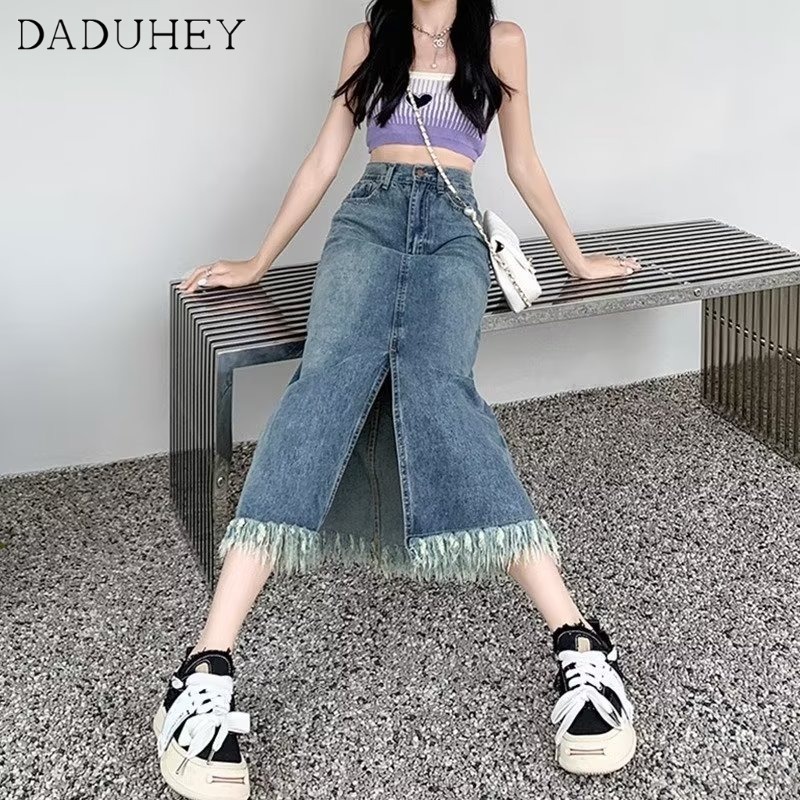 DaDuHey New American Style Ins High Street Raw Edge Denim Skirt Niche High Waist A- line Skirt Large Size Hip Skirt