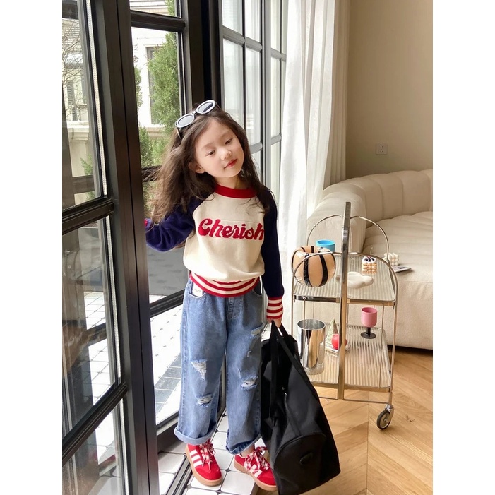 Áo Khoác Sweater Dệt Kim Phối Màu Tương Phản Thời Trang Xuân Thu 2023 Phong Cách Hàn Quốc Cho Bé Gái