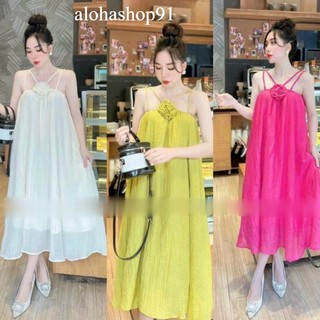Đũi tơ - Váy dây dáng suông 2 lớp chéo dây tết chất mât freesize alohashop91