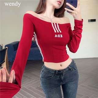 Áo Thun Croptop Trễ Vai Tay dài thêu sọc, Áo Thun Nữ Dài Tay Lệch Vai Thời Trang ly wendy