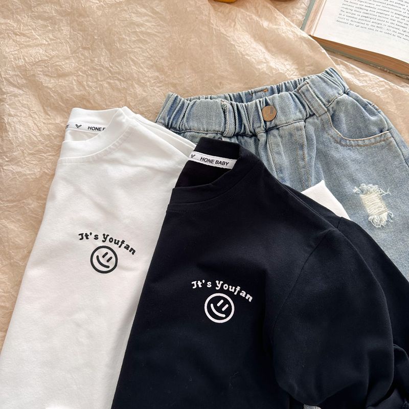 Áo Thun cotton Tay Dài In Hình Mặt Cười Thời Trang Thu Đông Cho Bé 90-140cm